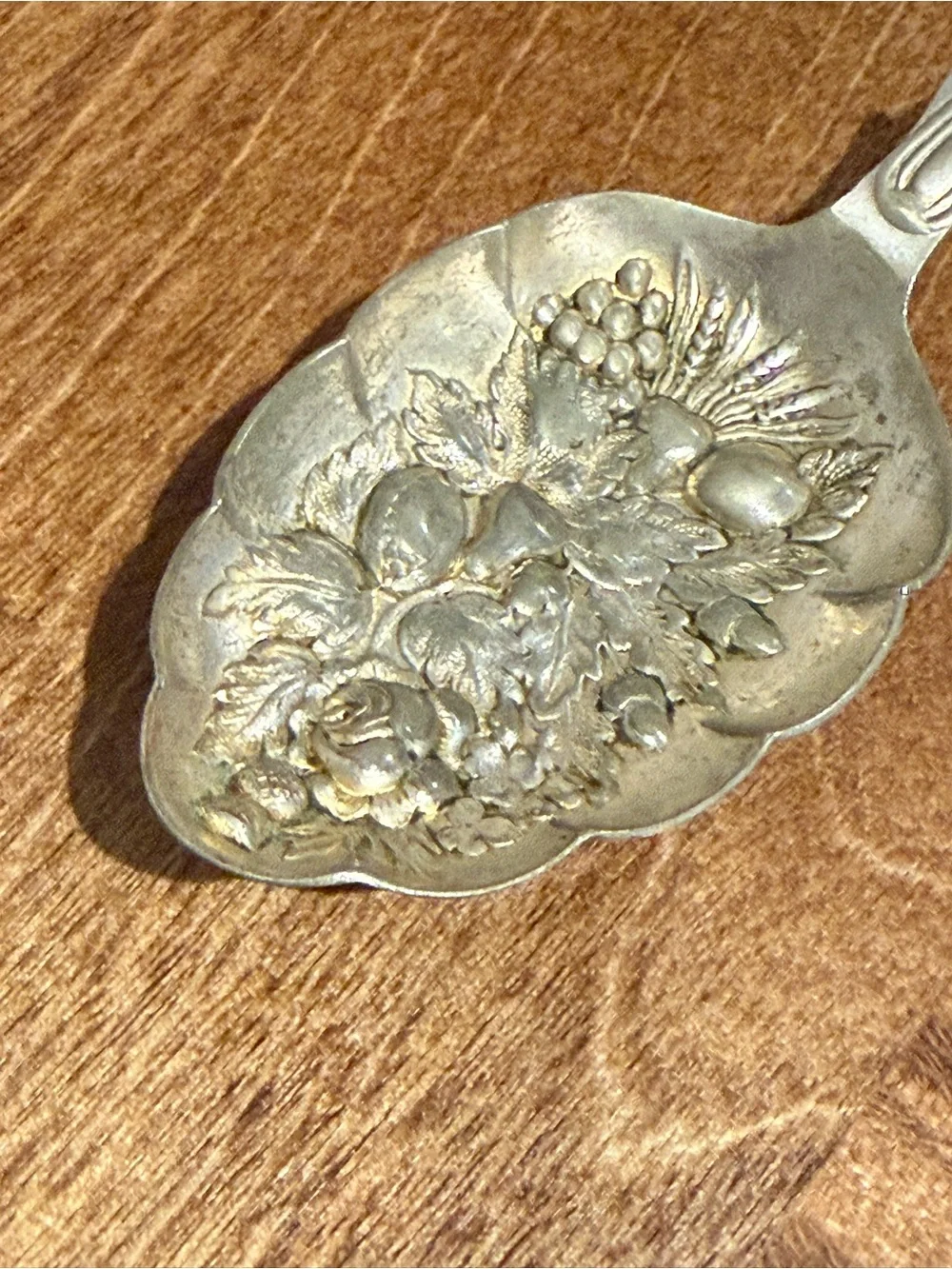 Victorian Silverplate Serving Spoon Ornate Fruit Floral Berry Pattern - Marked